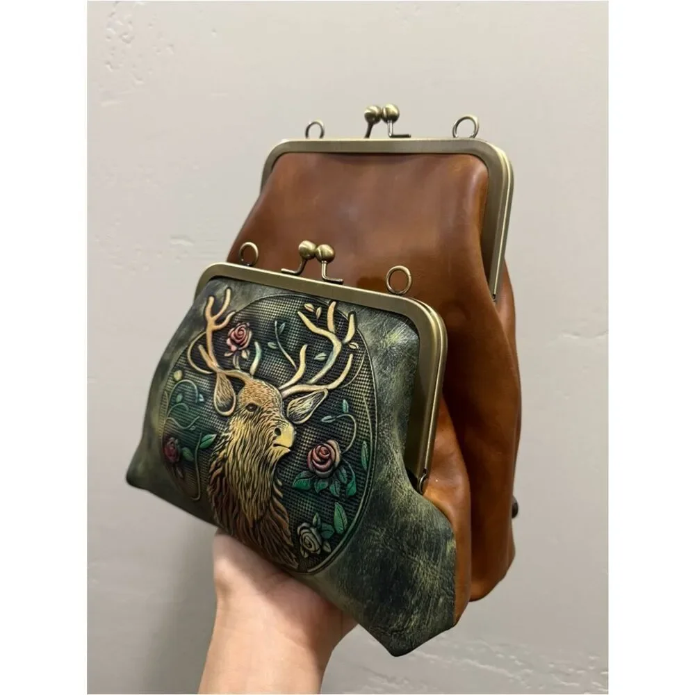 Unique Crazy Horse Cowhide Kisslock Double Frame Bag & Hand-Tooled Textured Deer
